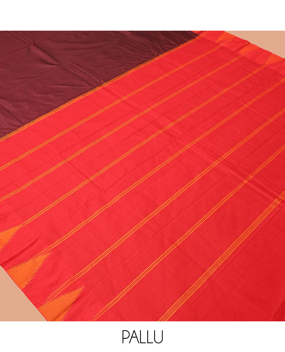Maroon Plain Bangalore Silk Saree, Complemented by a Contrast Temple Border, Pallu of Stripes, and a Contrast Blouse