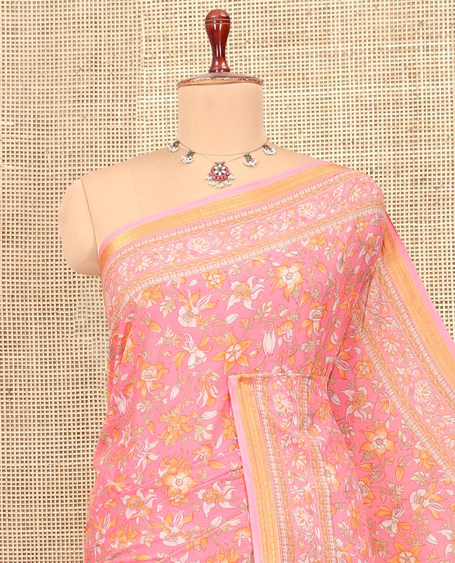 Pink Printed Silk Saree Featuring Floral Vine Print, a Floral Printed Zari Border, Floral Printed Pallu, and a Contrast Blouse