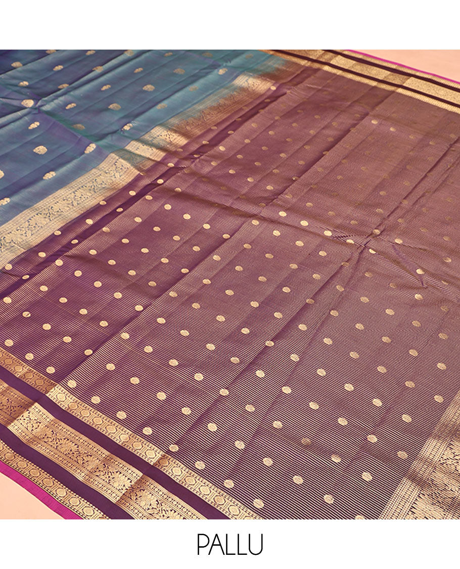 Blue Vasundhara Lite Silk Mix Saree, Subtly Enriched with Zari Stripes, Yaanai and Iruthalai Pakshi Buttas, Complemented by Contrast Border of Traditional Zari Designs, Grand Pallu, and Paired with a Contrast Blouse