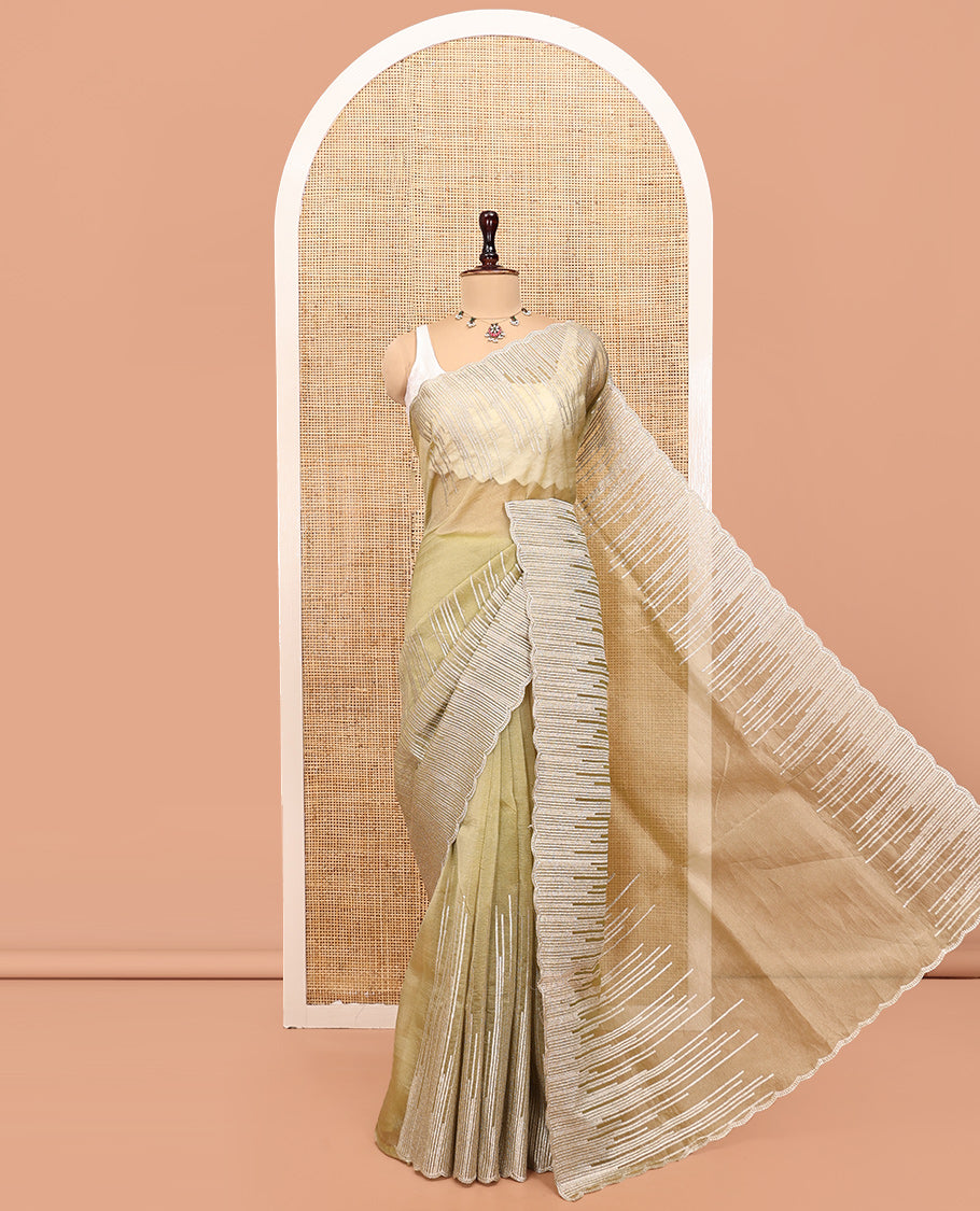 Pale Green Organza Saree, Artfully Detailed with Vine-Thread Embroidery, Scallop-Border, and a Matching Blouse