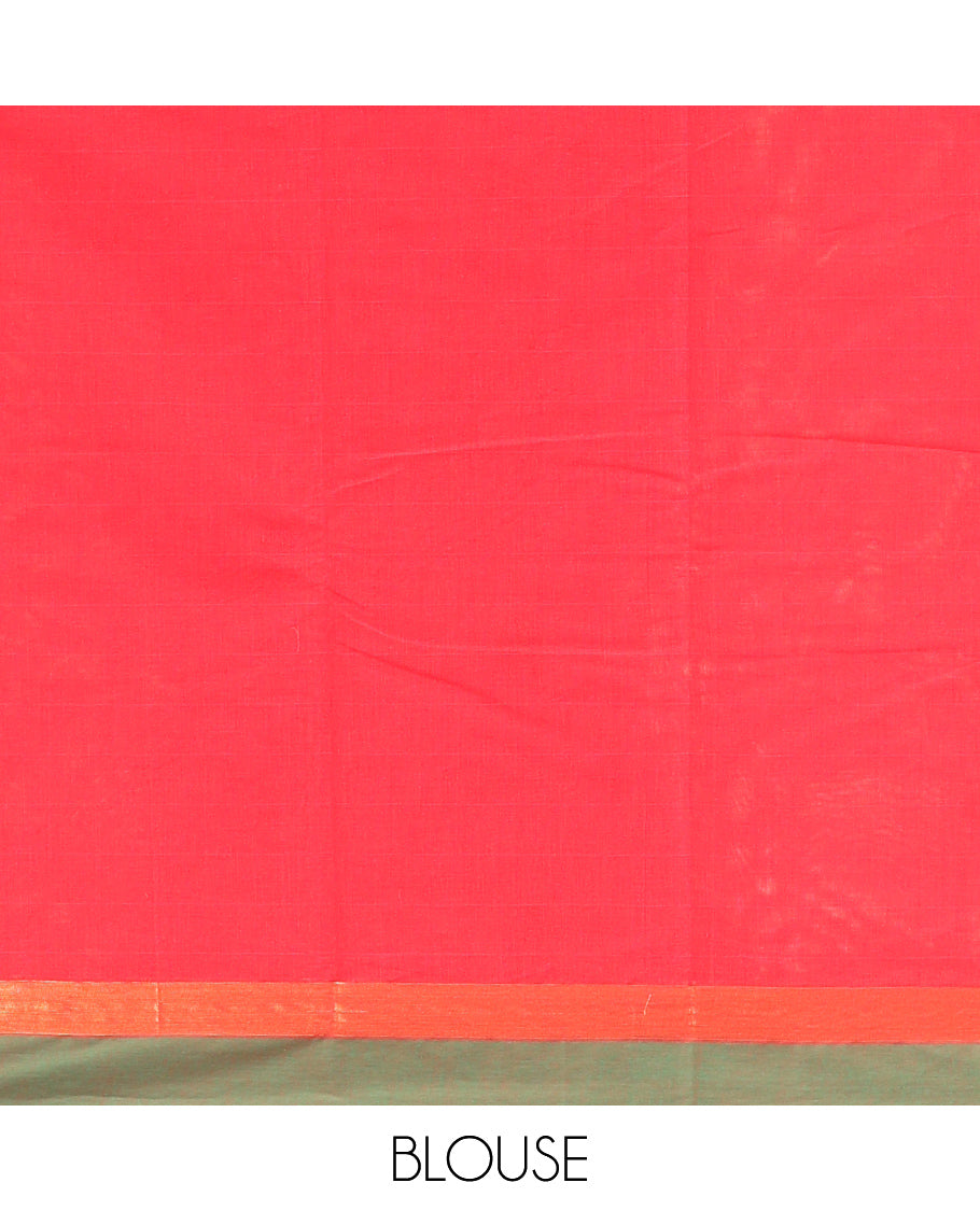 Red Kanchi Cotton Saree, Woven with Thread Buttas, a Contrast Border, Pallu of Floral Design, and a Matching Blouse