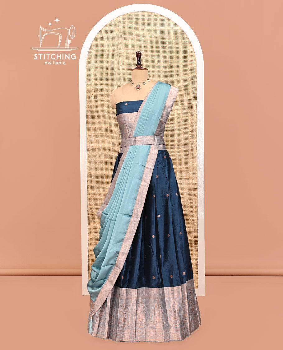 Blue Art Silk Half Saree Features Buttas Steeped Skirt, Complemented by Contrast Traditional Border, Contrast Blouse, and a Embroidery Scallop Dhavani