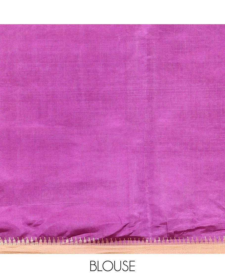 Purple Banana Pith Saree, Adorned with Zari Buttas All Over Its Body, Highlighted by Temple Zari Border, Subtly Striped Pallu, and Paired with a Matching Blouse