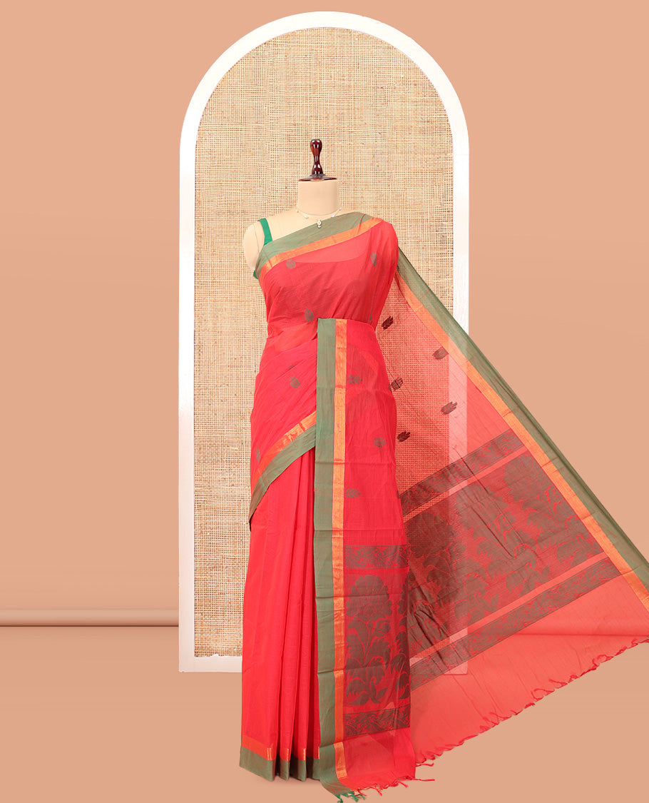 Red Kanchi Cotton Saree, Woven with Thread Buttas, a Contrast Border, Pallu of Floral Design, and a Matching Blouse