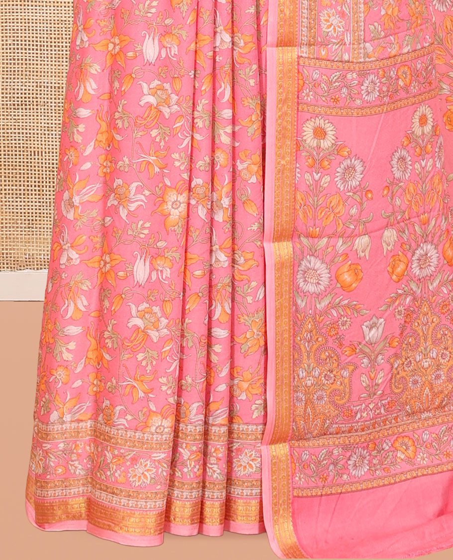 Pink Printed Silk Saree Featuring Floral Vine Print, a Floral Printed Zari Border, Floral Printed Pallu, and a Contrast Blouse