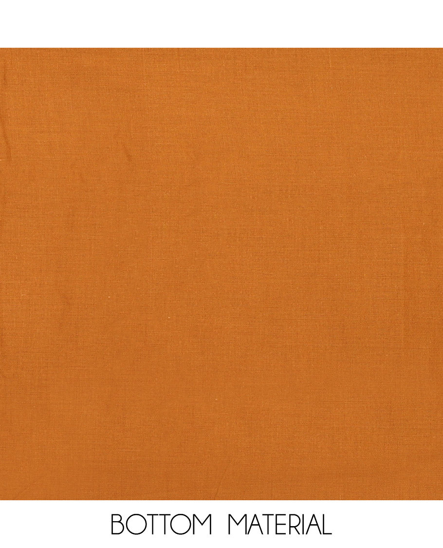 Rust Cotton Material Chudidar Set, Subtly Sparkled with Ikkat-Style Buttas on Its Top, a Plain Cotton Bottom, and Paired with a Cotton Ikkat Woven Dupatta