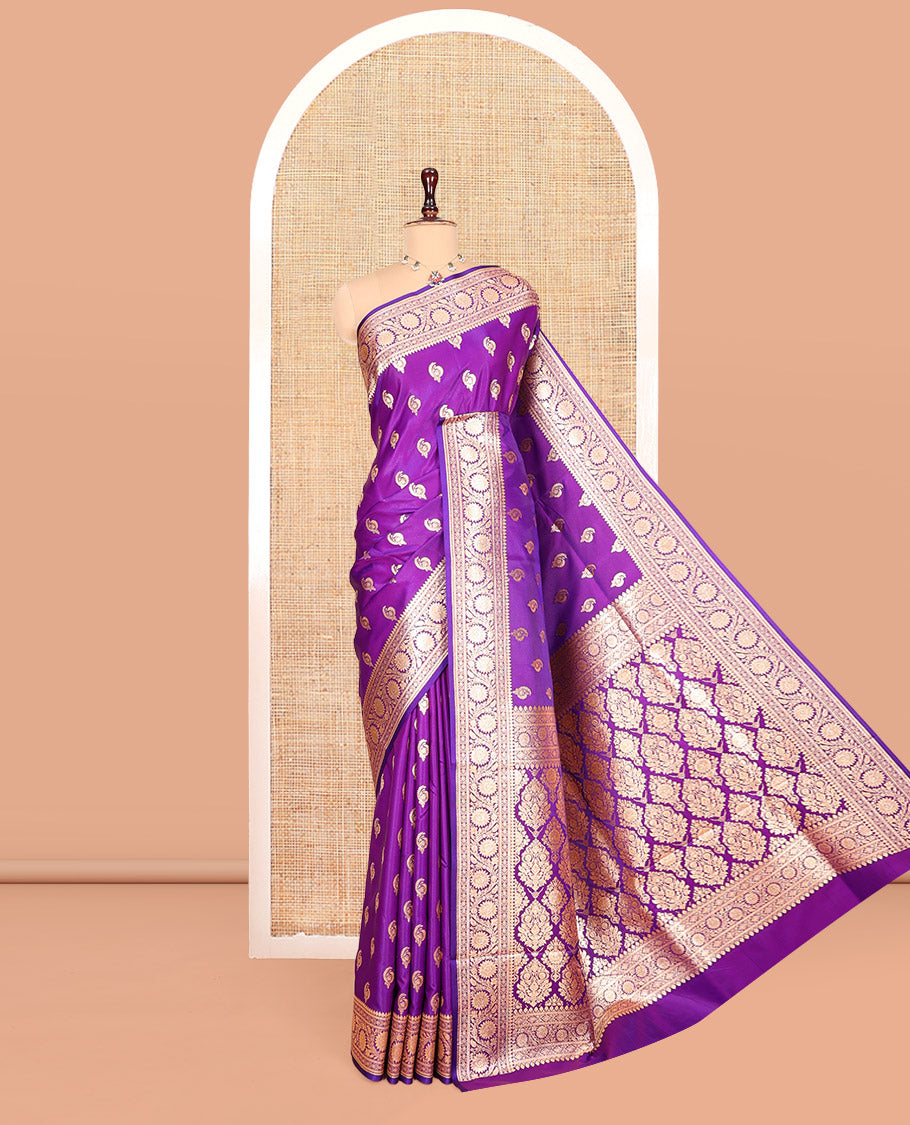 Purple Banarasi Nylon Saree, Decked Up with Buttas, Floral Creeper Zari Border, Intricate Pallu, and a Matching Blouse