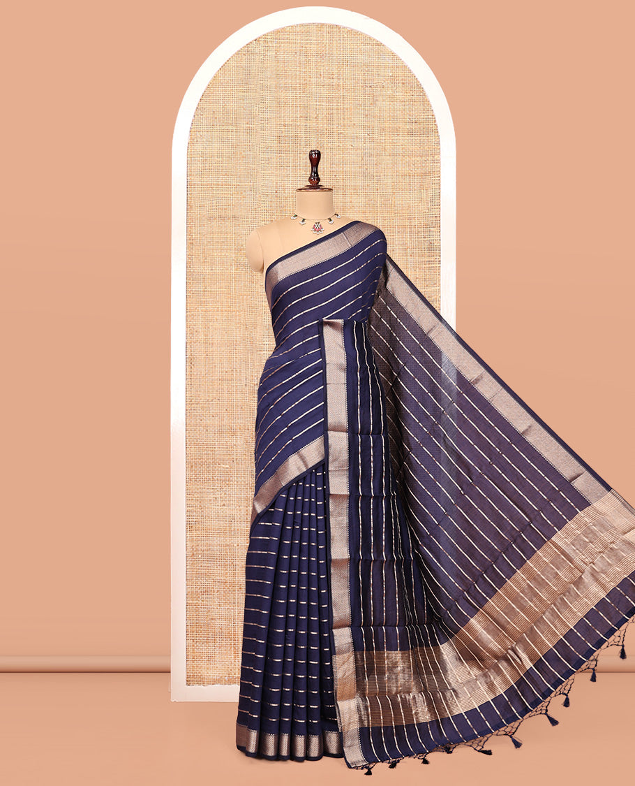 Blue Assam Silk Saree, Gleamed Up with Zari Stripes, Highlighted by a Traditional Zari Border, Gleaming Zari-Striped Pallu, and a Matching Blouse