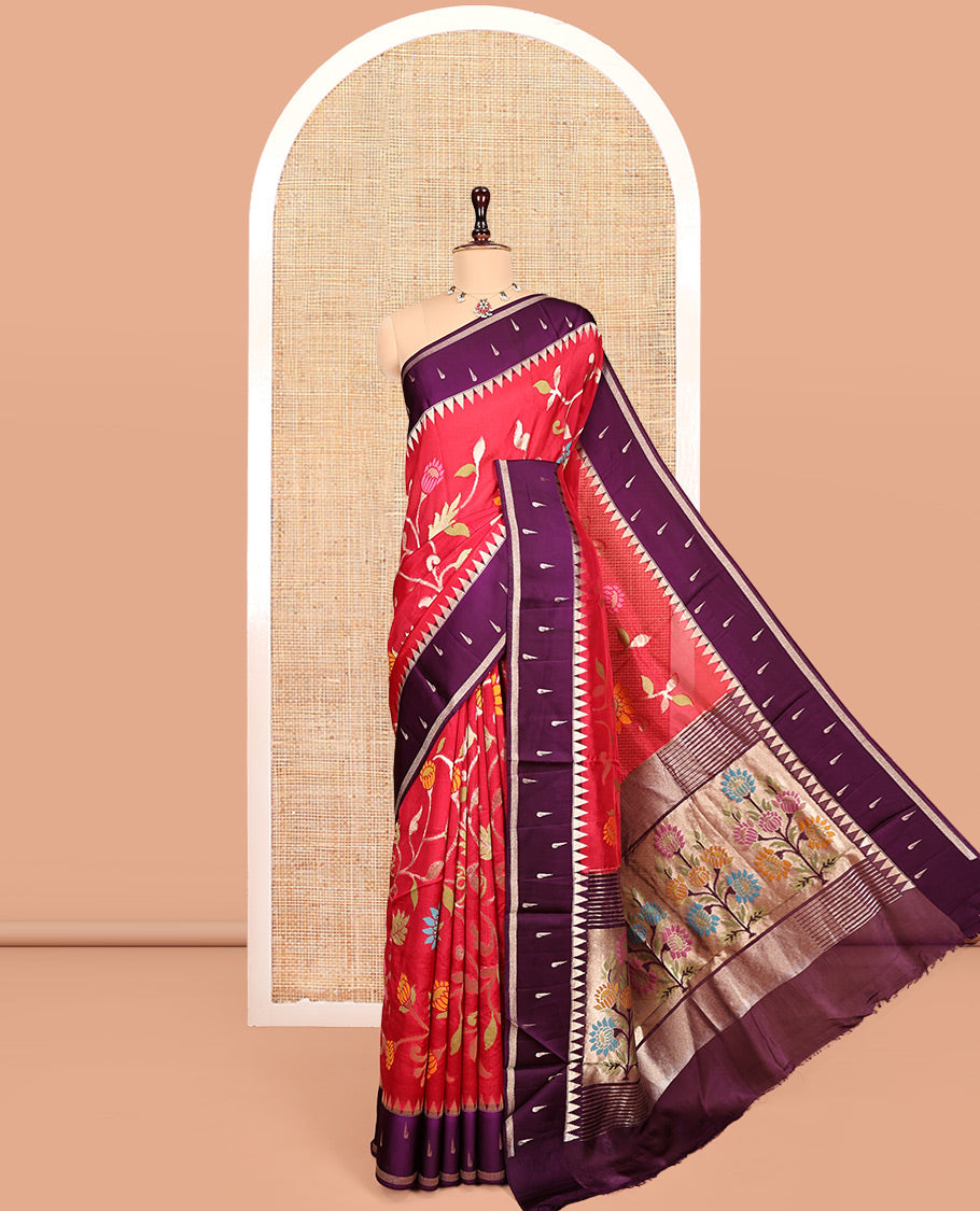 Red Matka Silk Saree, Gracefully Embellished with Meenakari Floral Vine Design All Over Its Body, Complemented by Contrast Temple Border of Buttas, Pallu of Floral Designs, and Paired with Contrast Blouse