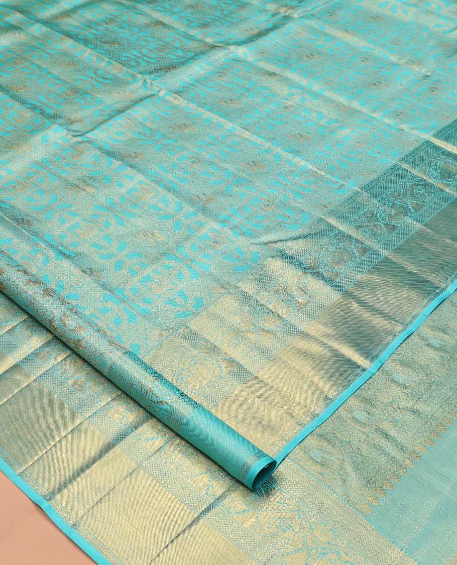 Blue Kanchipuram Tissue Silk Saree, Mesmerized with Jacquard Design, Highlighted by Zari Border of Thilakam, Muthu, Kathir, Mayil Kann, and Mayil, Grand Pallu, and Matching Blouse