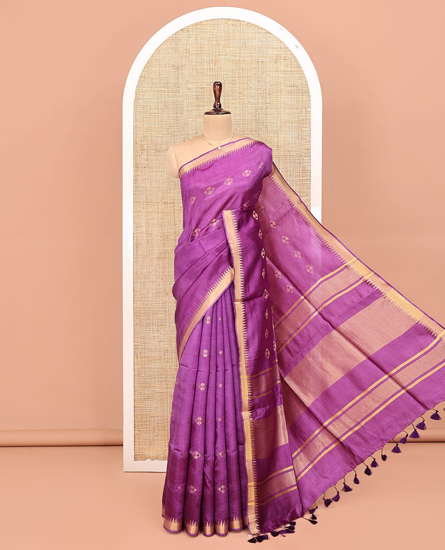 Purple Banana Pith Saree, Adorned with Zari Buttas All Over Its Body, Highlighted by Temple Zari Border, Subtly Striped Pallu, and Paired with a Matching Blouse