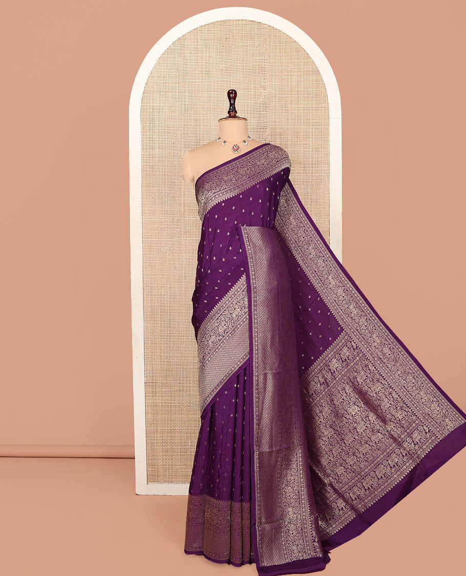 Purple Fancy Crepe Saree, Prettified with Buttas, Highlighted by a Floral Creeper Border, Intricately Designed Pallu, and a Matching Blouse