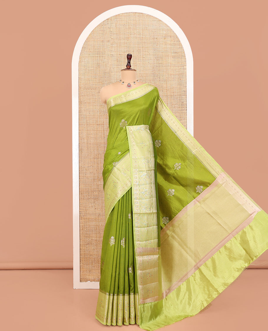 Parrot Green Green-Mango-Silk Saree, Decked up with Floral Zari Buttas All Over Its Body, Complemented by a Contrast Meenakari Zari Floral Design Border, Grand Pallu, and Paired with a Contrast Blouse