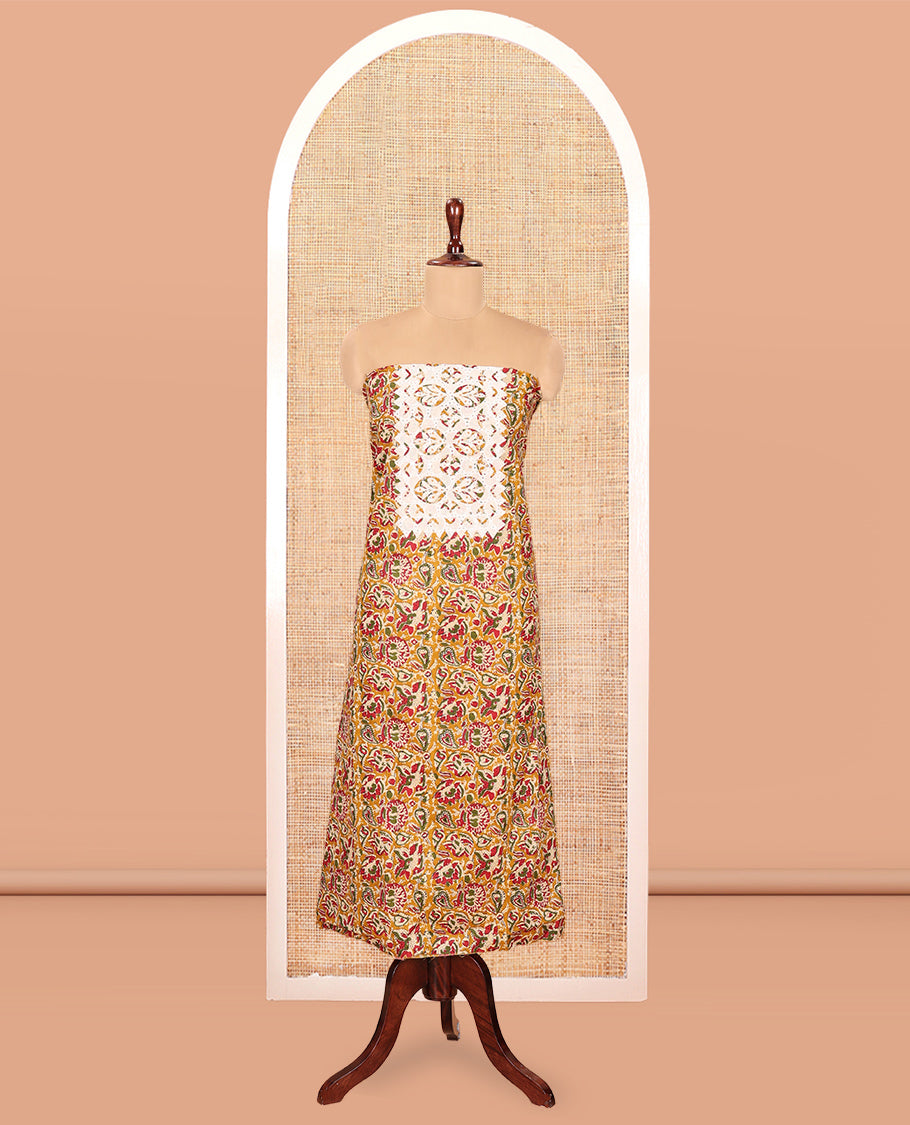 Mustard Cotton Material Chudidar, Floral Printed Hakoba Top, a Contrast Bottom, Print-Hakoba Dupatta