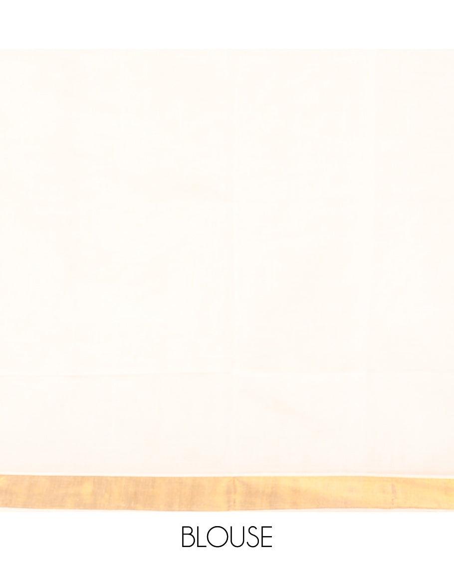 Cream Kerala Saree, Beautified with Zari Stripes on Its Body, Subtly Sparkled Zari Bavanji Border, Opulently Zari Embellished Pallu, and Paired with a Matching Blouse