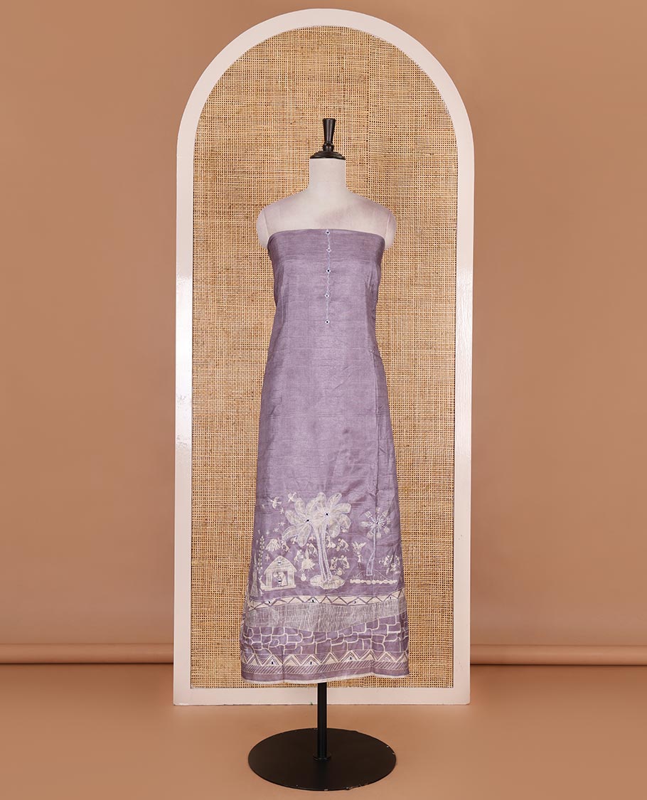 Lavender material churidar set, warli tribe village theme print with mirror work semi-tussar top, plain bottom, and warli tribe village theme print semi-tussar dupatta