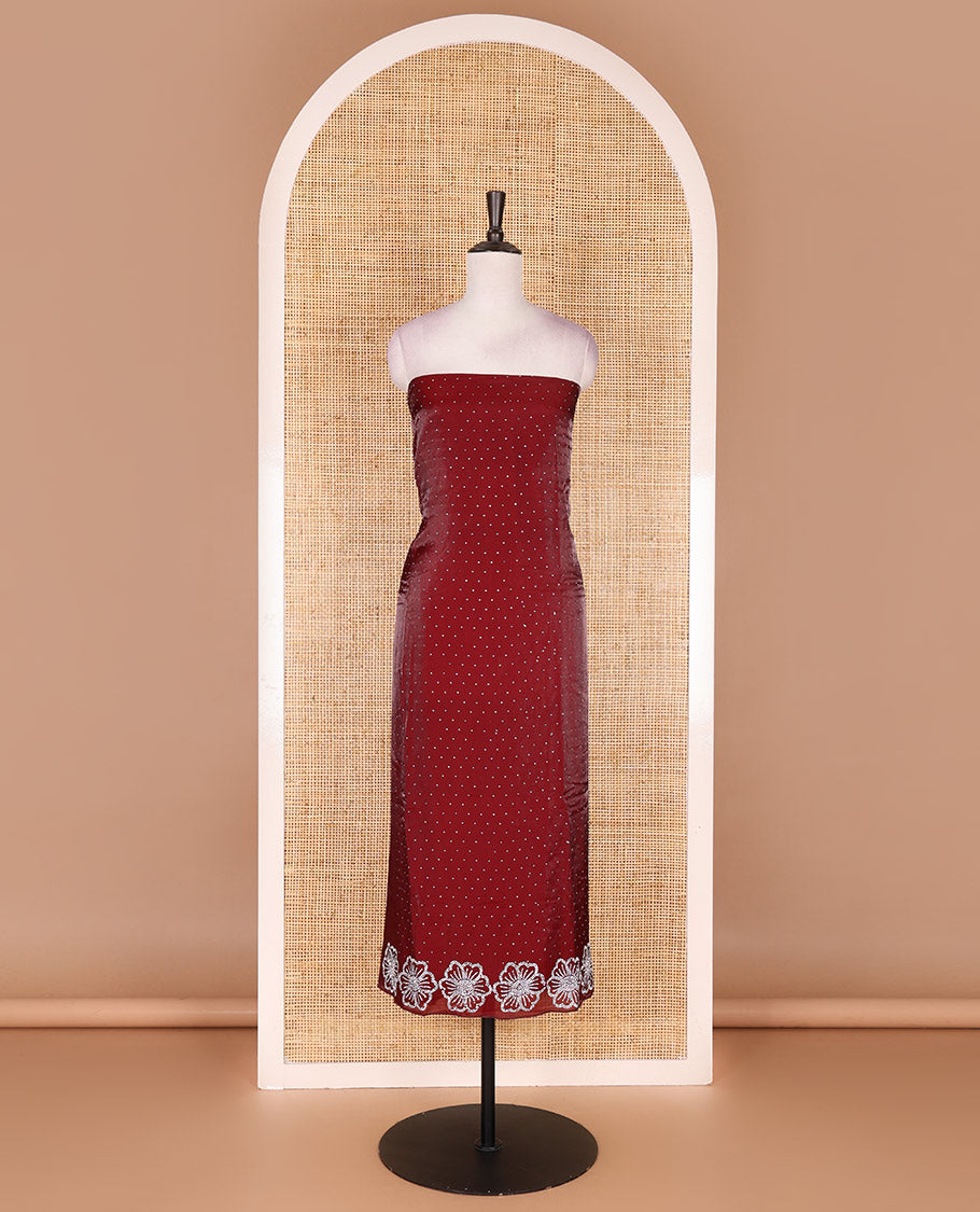 Magenta velvet organza material chudidar set, micro stone embedded with floral micro-stone embroidered top, Italian crepe bottom, and micro stone embroidered dupatta