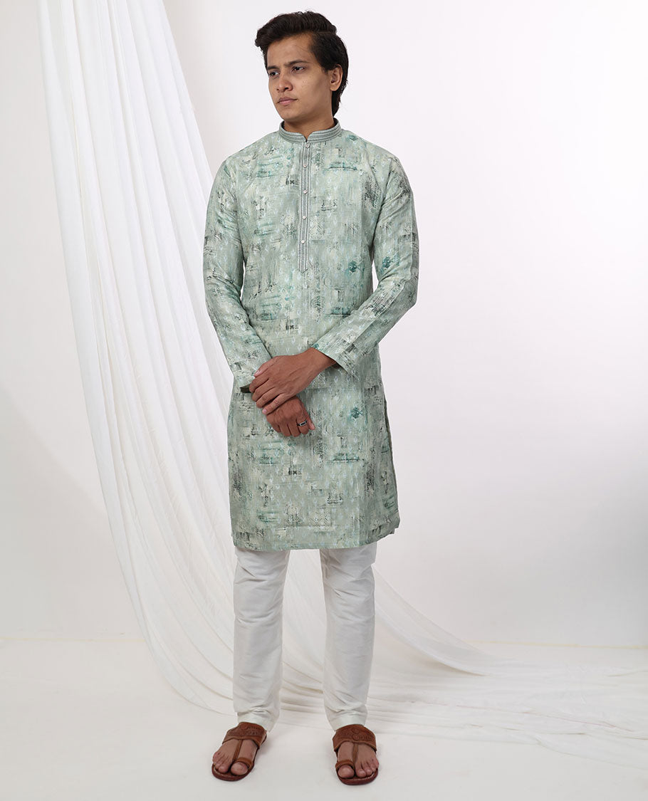 Mint green abstract design mandarin collar & full-sleeve long raw silk kurta