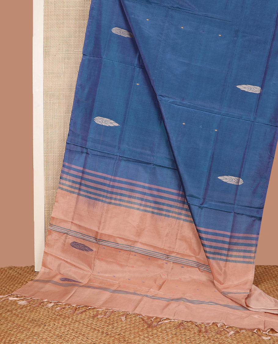 Borderless Blue Banana Pith Saree, Featuring Buttas All Over Its Body, Complemented by a Contrast Pallu of Unique Buttas, and Paired with a Contrast Blouse