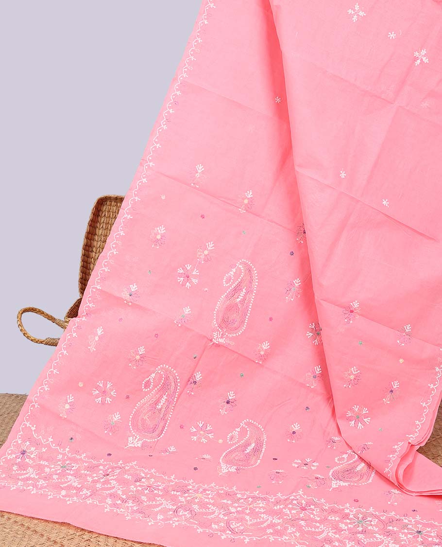 Pink floral embroidery lucknowi chikankari cotton saree,self scallop design border & pallu of floral embroidery
