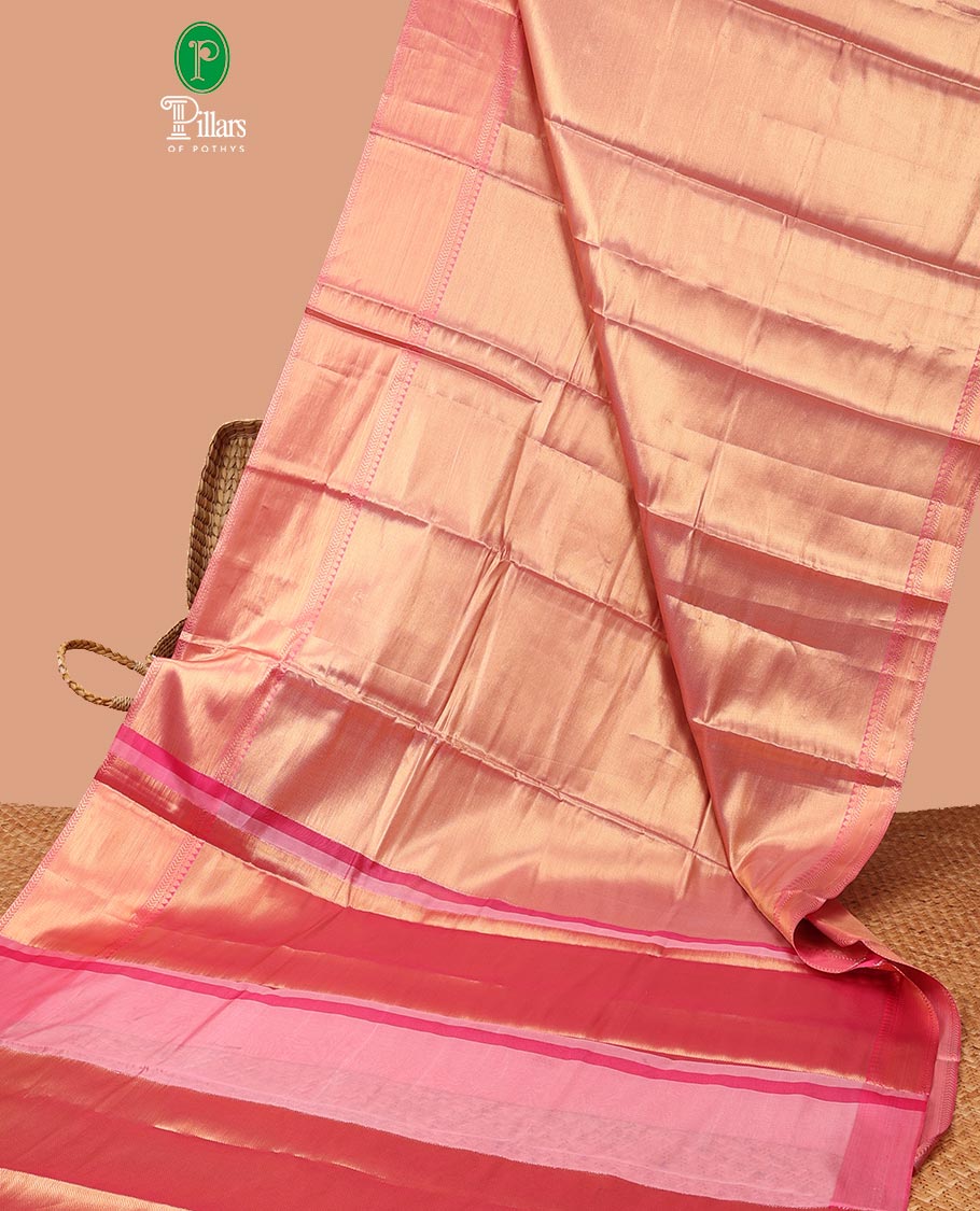 Pink gold zari,small checks carry design banaras tissue saree with contrast pink border & contrast pallu along with contrast pink blouse