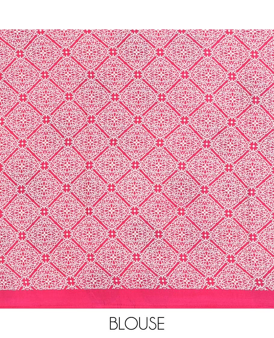 Rani pink small polka dots printed gajji silk saree with self-border & pallu printed with a dot enclosed checks, blouse with intricate motif print
