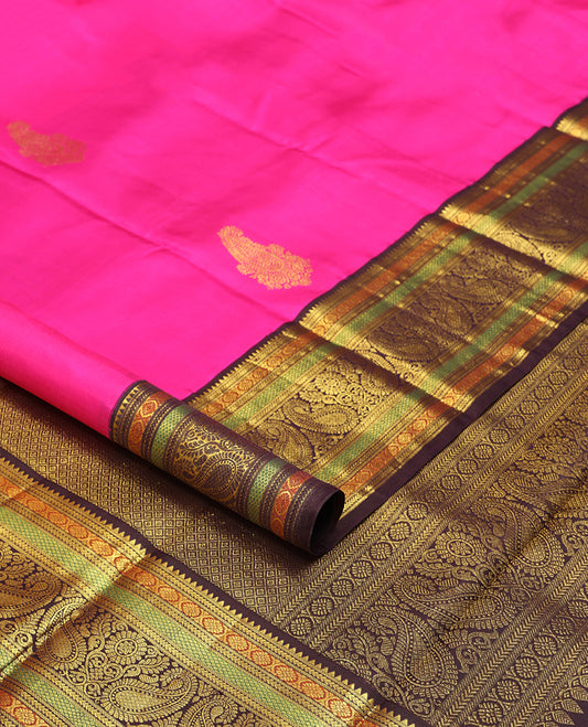 Pink buttas kancheepuram silk saree with contrast korvai border of rekku, banaras, poo chakram, manga design & floral zari design pallu