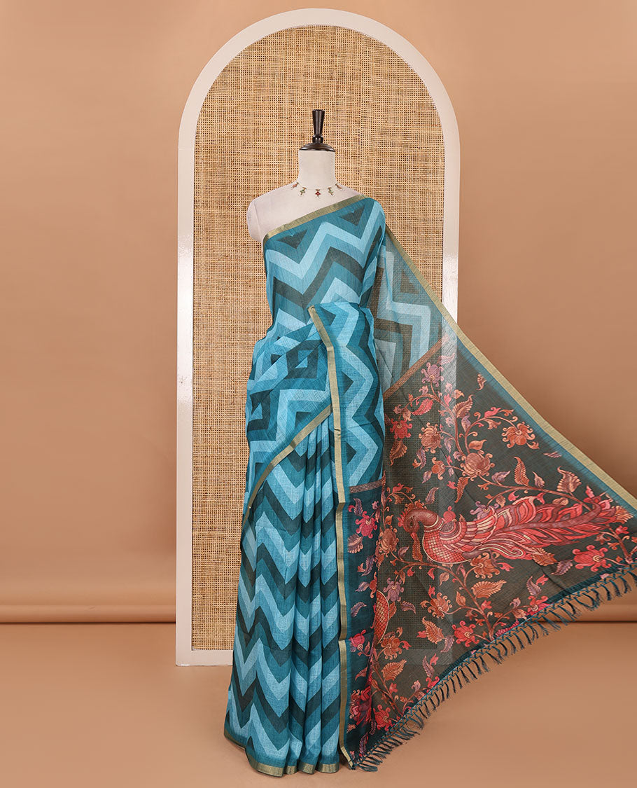 Blue zig-zag stripes printed linen cotton saree, piping zari border, kalamkari floral-peacock printed pallu & contrast printed blouse