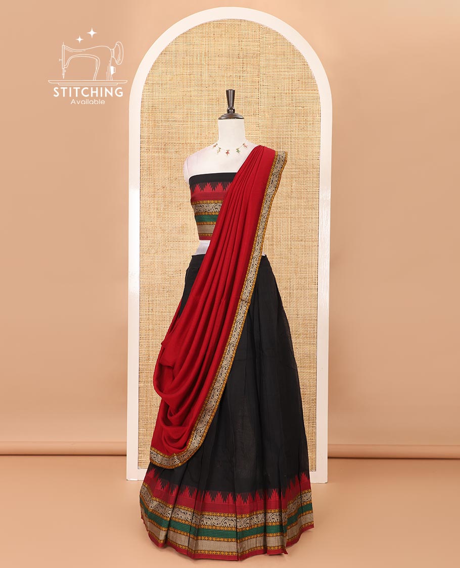Black mercedised cotton half-saree, contrast traditional resham thread border skirt, matching blouse & contrast maroon thread border georgette dhavani