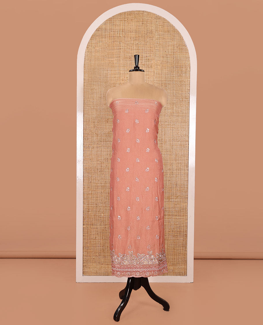 Peach Material Churidar Set, Artfully Detailed with an Floral Motifs Embroidered on Its Nc Moss Organza Top, Plain Santoon Bottom, and Nc Moss Organza Scallop Dupatta of Floral-Leaf Embroidery