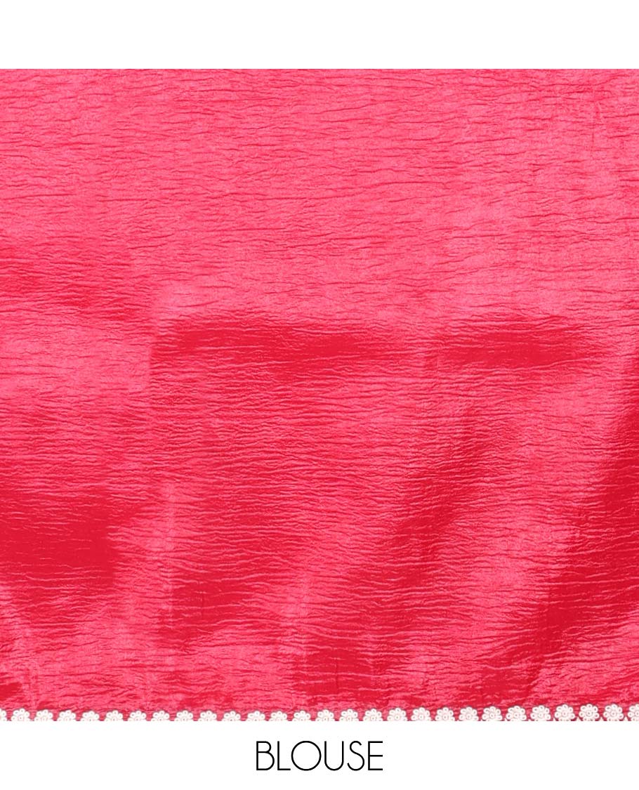 Pink Crushed Tissue saree with scallop motif border and intricate motif embroidery pallu