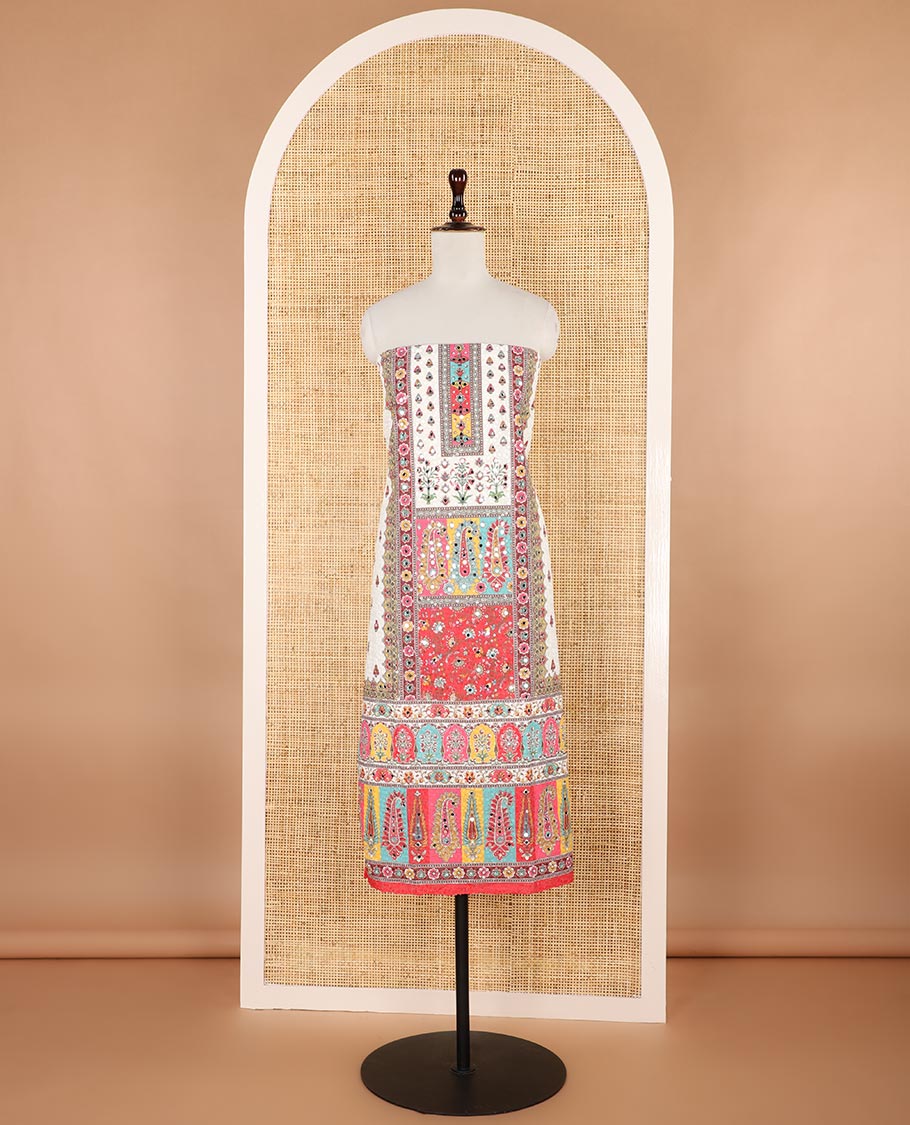 Cream with multi-color chikankari , butta design, mirror work cotton chudidhar material top with cotton pant & chikankari embroidery dupatta