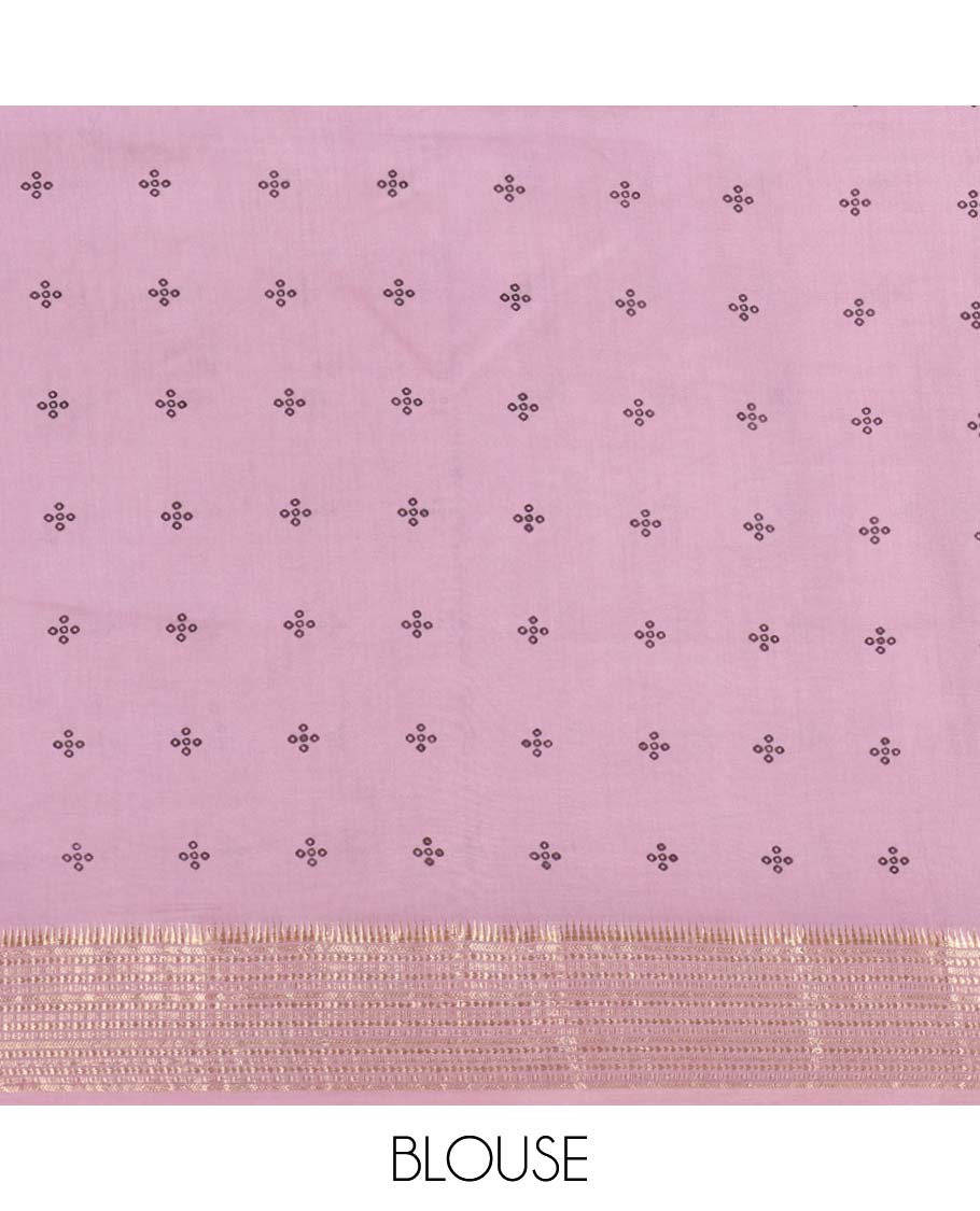 Purple birds printed assam silk saree with zari striped border & chit pallu along with butta printed blouse