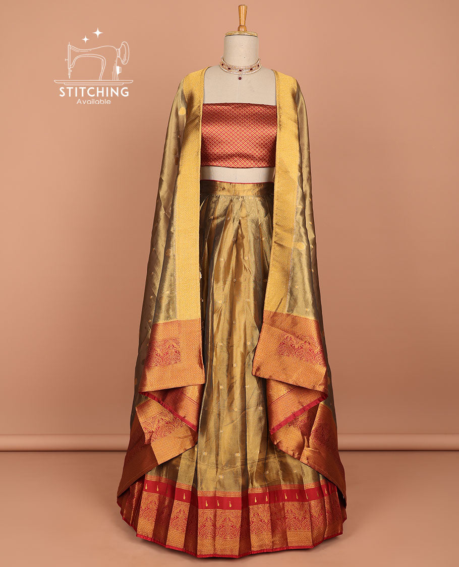 Brown zari buttas art silk half saree with contrast zari red border, zari checked design blouse & intricate zari design dhavani