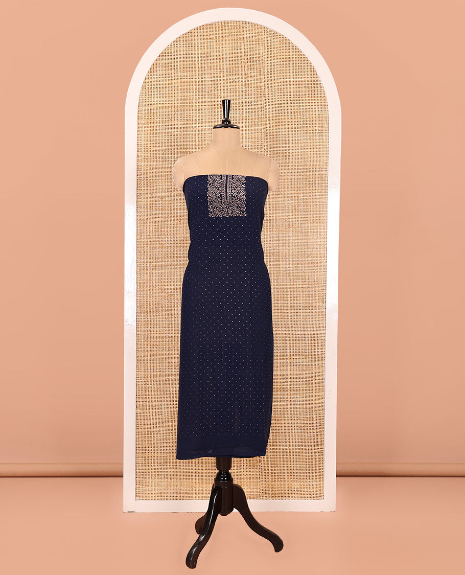 Blue Material Churidar Set, Decorated with Micro-Stone Work on Fox Georgette Top, Comes with a Plain Santoon Bottom, and Is Paired with a Fox Georgette Micro-Stone Work Dupatta