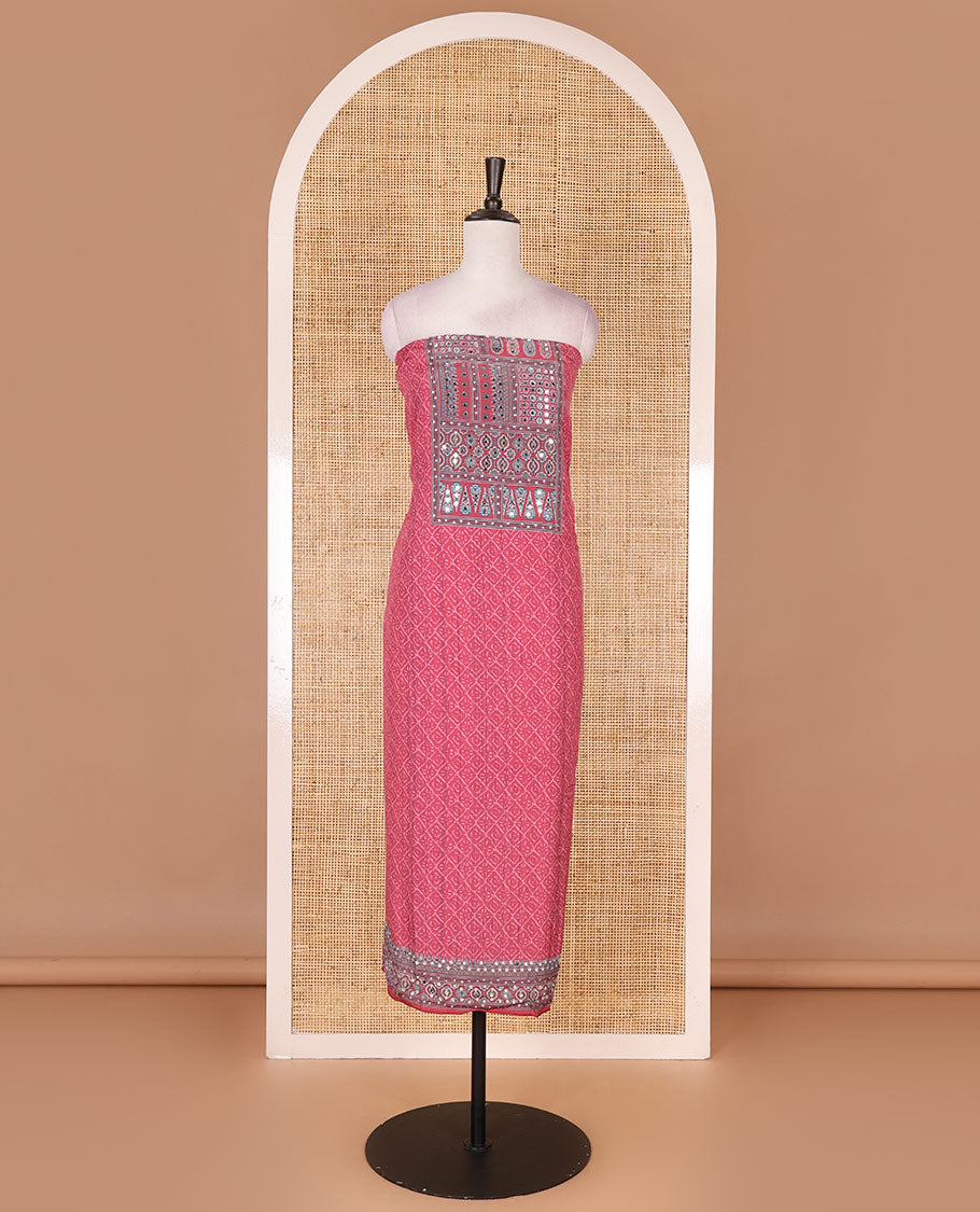 Pink material chudidar set, intricately printed with neck mirror work crepe top, Italian crepe bottom, and digital printed mirror work chinon dupatta