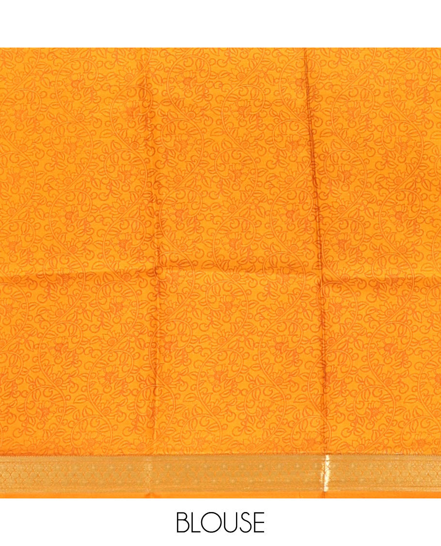 Orange Printed Silk Saree, Steeped with Paisleys, a Traditional Zari Border, Geometric Patterned Pallu, and Matching Blouse