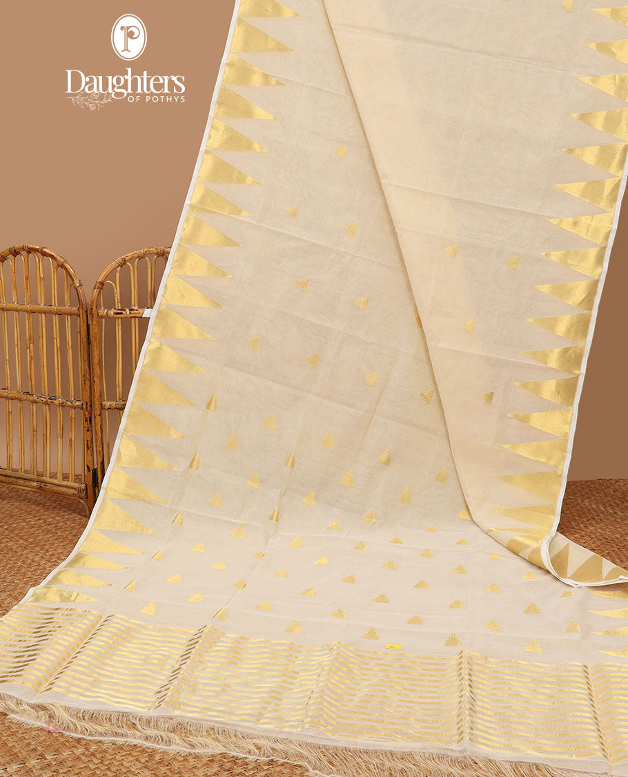 Cream triangle motifs kasavu saree with self temple border & gold zari striped pallu
