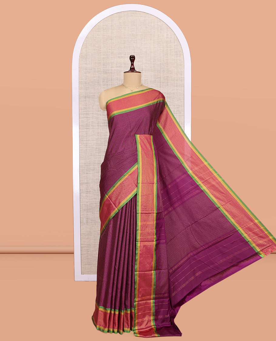 Purple Arani Saree, Embellished with Checks, a Contrast Border, a Self-Pallu, and a Matching Blouse