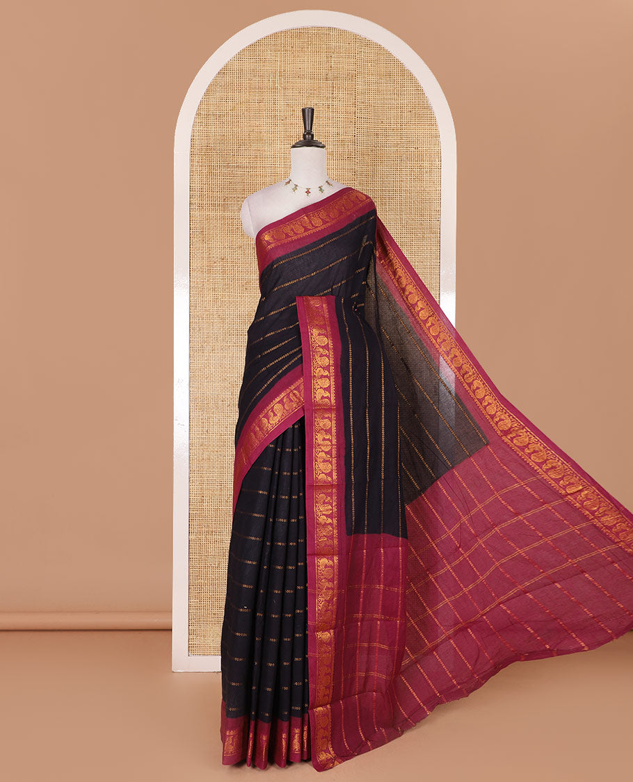 Black and maroon veldhari zari striped Sungudi cotton saree, contrast peacock zari motif border, zari striped pallu, and contrast zari design blouse