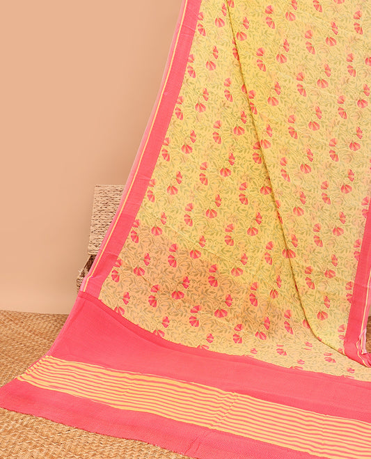 Yellow floral vine printed semi banaras crepe saree, contrast chevron striped border & pallu of stripes