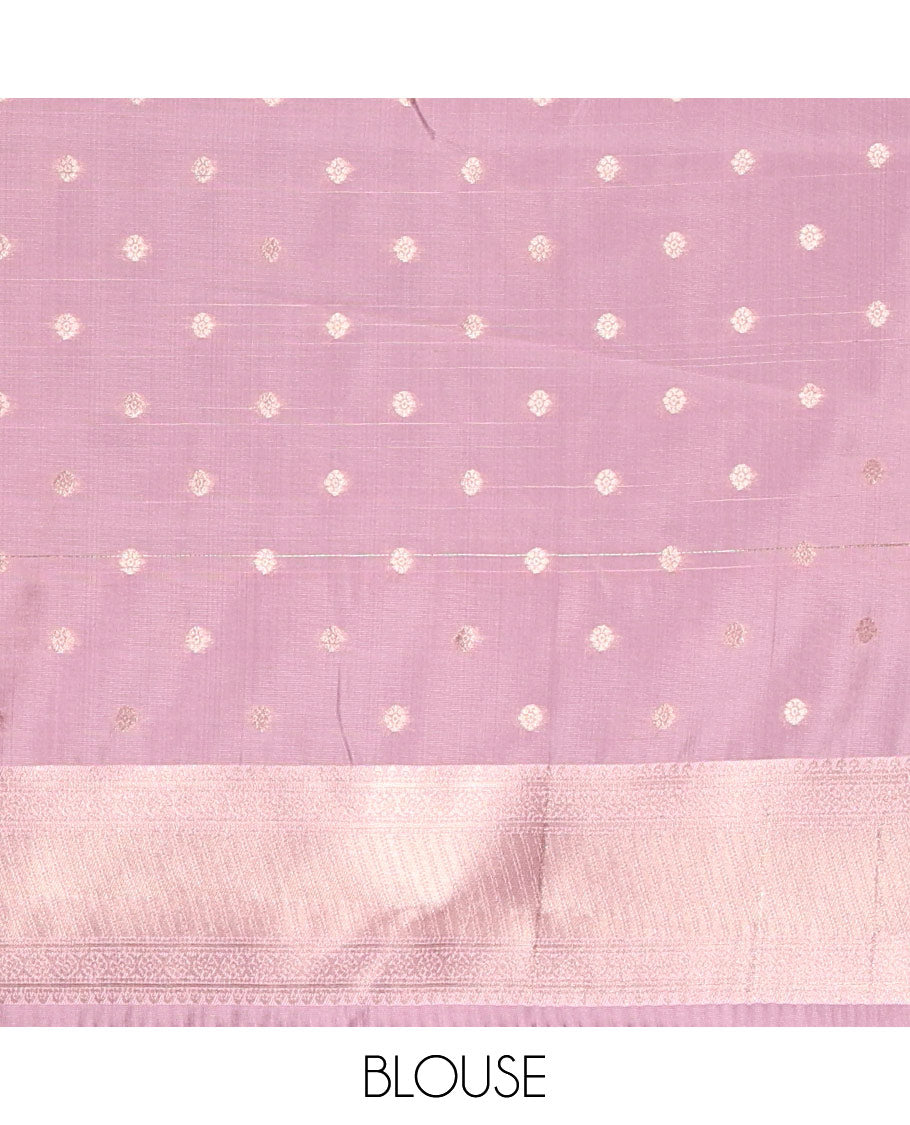 Brown and Pink Kanchi Silk Saree, Spotlighted with Zari Buttas All Over Its Body, Complemented by a Contrast Traditional Zari Border of Peacock Designs, an Intricately Designed Pallu, and Paired with a Contrast Blouse