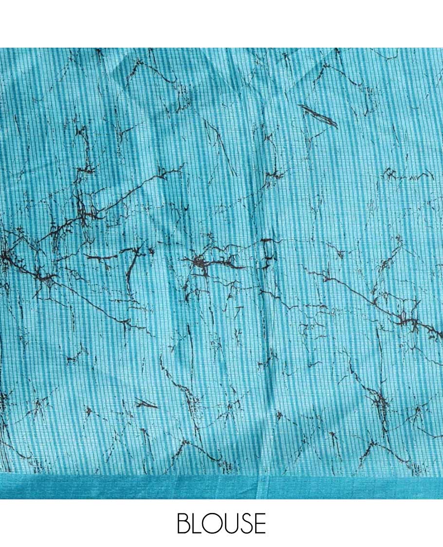 Black batik-style uniquely printed khadi cotton saree, contrast blue piping border & printed pallu