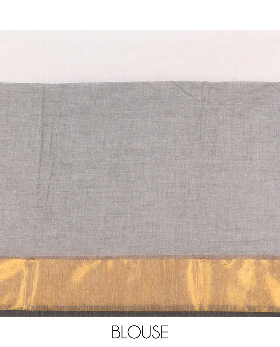 Grey heart motifs, red thread-embroidered half-and-half khadi mul cotton saree, zari border, self-pallu, and a plain blouse
