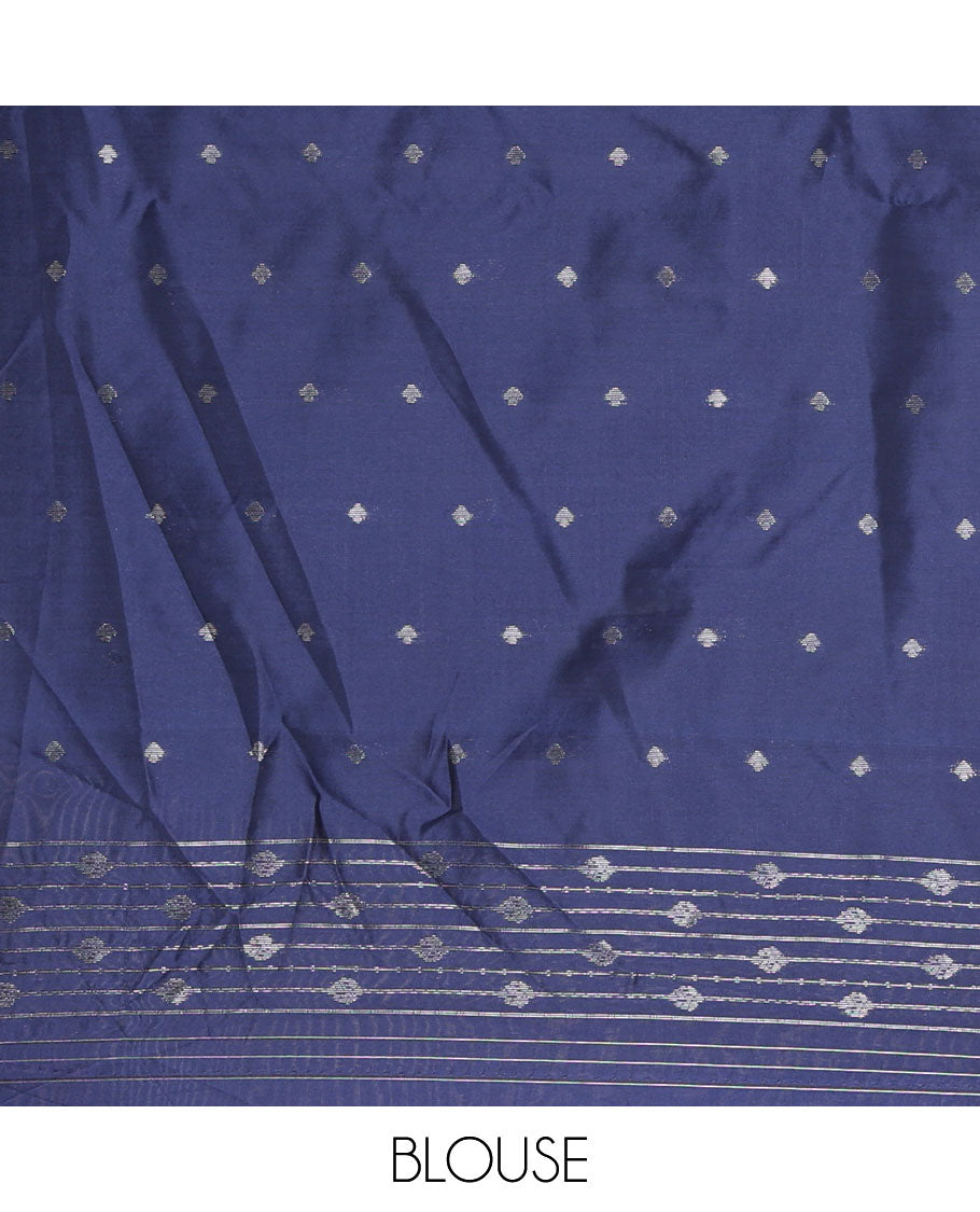 Borderless navy blue thousand zari buttas kanchi silk saree, self-pallu of buttas and stripes in zari