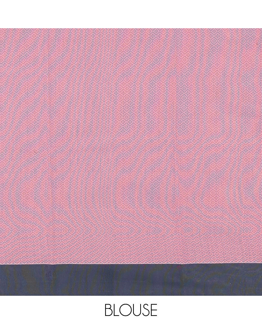 Pink Semi-Silk Cotton Saree, Subtly Sparkled with Buttas All Over Its Body, Complemented by Contrast Border, Pallu of Geometric Patterns, and Paired with a Matching Blouse