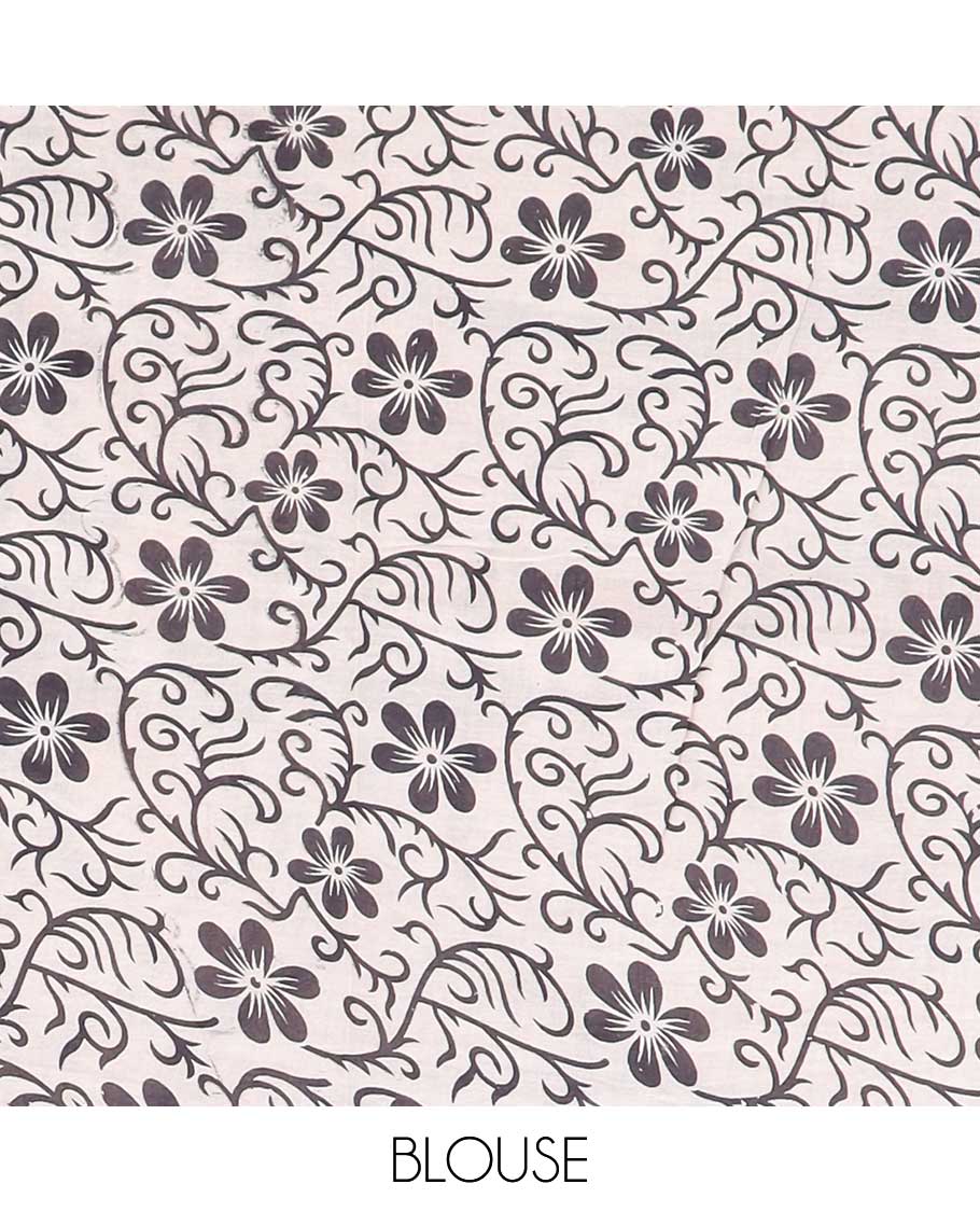 Black floral vine machine-printed kalamkari cotton saree, floral printed border & paisley design pallu
