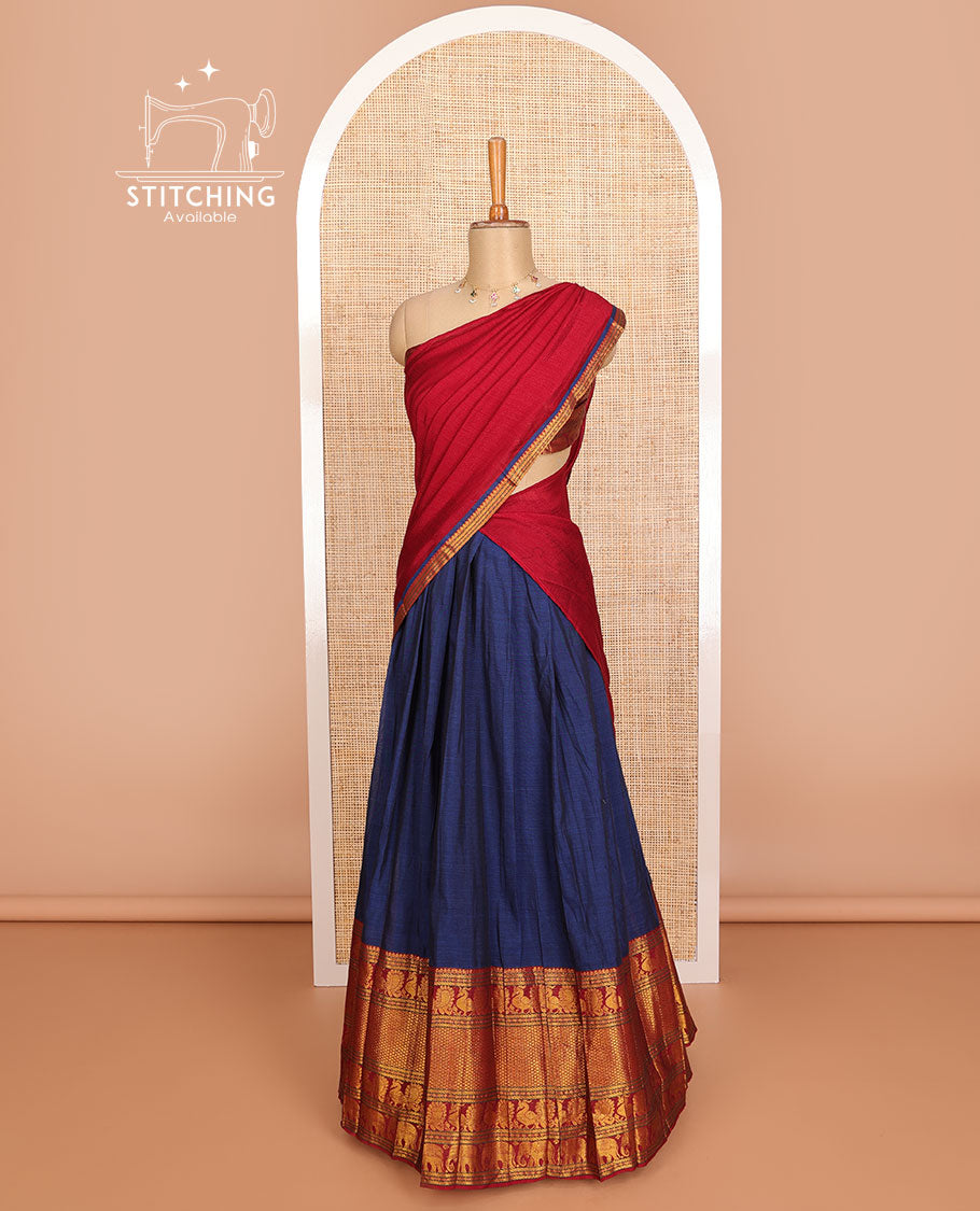 Dark blue cotton half saree with contrast traditional zari design border, zari design blouse & plain, zari design border dhavani