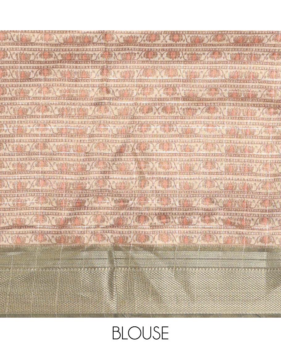 Green ombre zari checked tissue jute saree,traditional border,pallu of Madhubani hand painting-style print & blouse of lotus print
