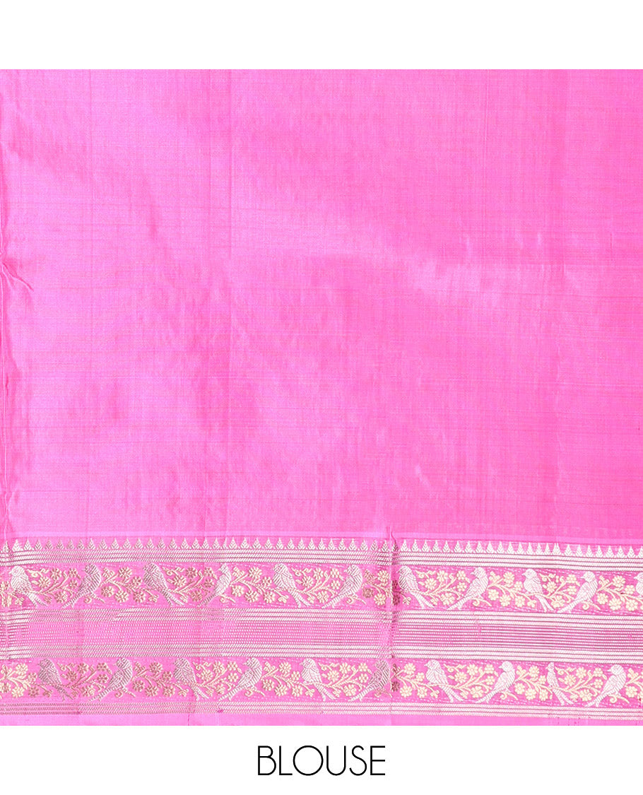 Pink Venkatagiri Silk Saree, Woven with Zari Butta and Chevron Stripes All Over Its Body, Highlighted by a Traditional Zari Border, Pallu of Rudraksham Designs, and Paired with a Matching Blouse